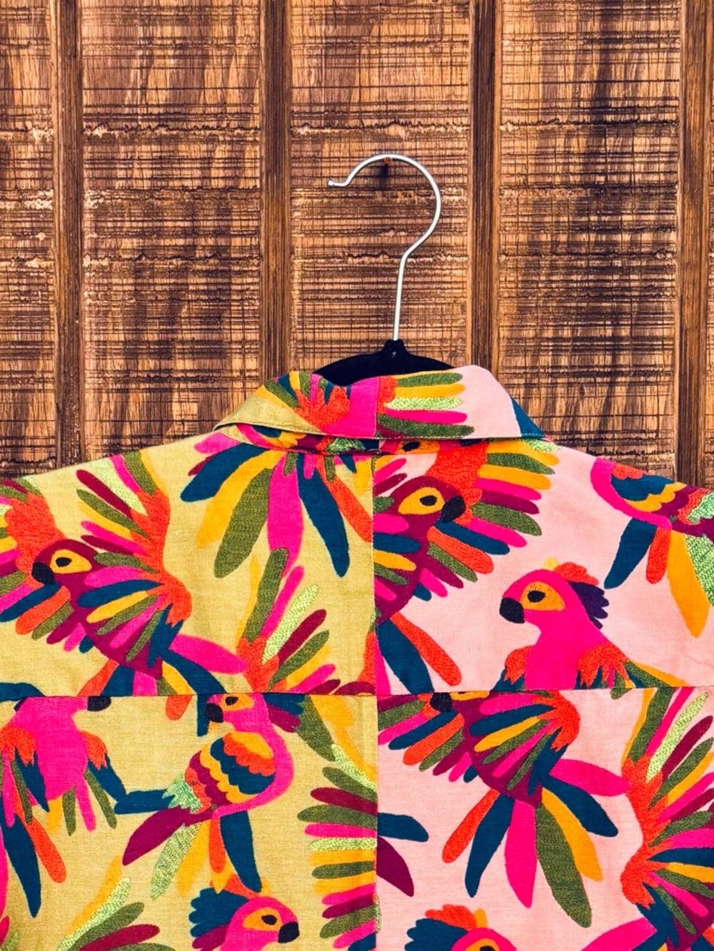 FARM Rio From Anthropologie Two Tone Parrot Button Up Linen Blend Shirt - Picture 12 of 14